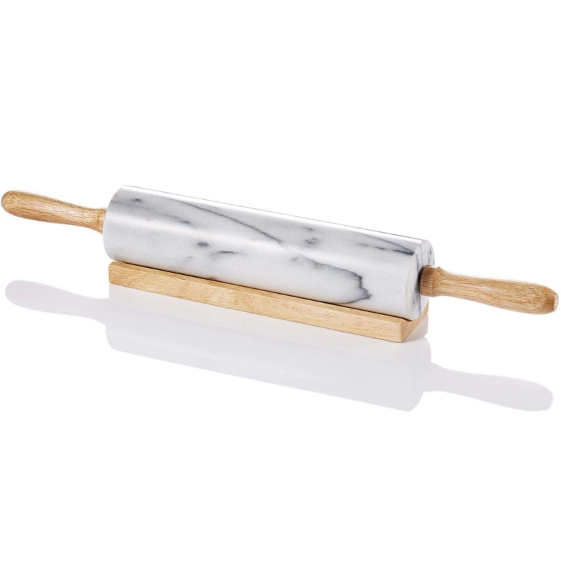 JEmarble Rolling Pin-Wooden Handles(White)(Premium Quality) Polished Surface 18-inch(10"Barrel) Genuine Stone Non-stick Save Effort Easy to Clean - Image 1
